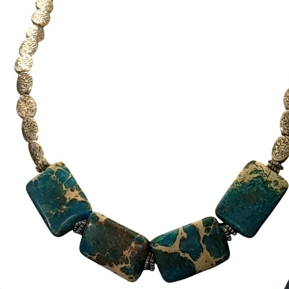 Vintage Silver Necklace Unknown Stone Brown Turquoise Tone Chunky Statement - Picture 2 of 16